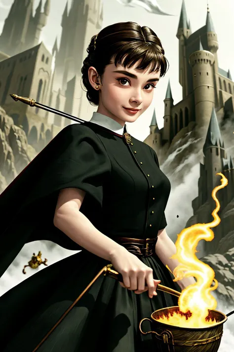 <lora:AudreyHepburn_v1-000030:.9> AudreyHepburn portrait, looking down, solo, upper body, detailed background, detailed face, (<lora:FrostRaceTech:0.5>, frostracetech theme:1.1), hogwarts student, smiling, adventurous, (gryffindor uniform:1.1), magical amulet, cape, dynamic pose, casting spell, surrounded by potions, vials, polyjuice potion, cauldron, levitation spell, floating particles, bubbles, magical forest in background, backlighting,