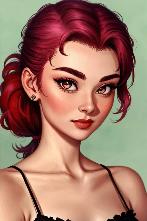 realistic photo of <lora:AudreyHepburn_v1:.9> AudreyHepburn, focus on eyes, close up on face, Coral rose color hair styled as Curly Ponytail,