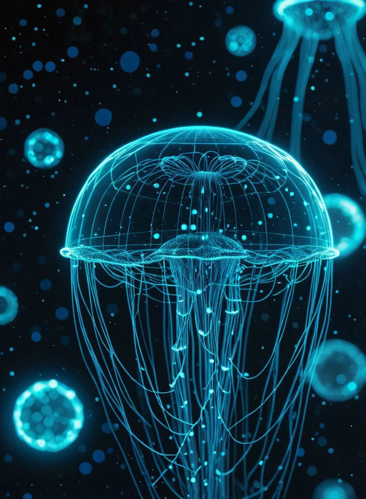neopunk, digital (jellyfish:0.1) hologram<lora:EnvyScifiWireframeXL01:1.0> 3d wireframe, neonblue on black <lora:eye_catching:0.45> (floating:1.2) in outerspace, nebula, (shallow depth of field:0.6), highly detailed, high budget, (bokeh:0.6), film grain, grainy , <lora:RMSDXL_Darkness_Cinema:0.8> <lora:MJ52:0.4>