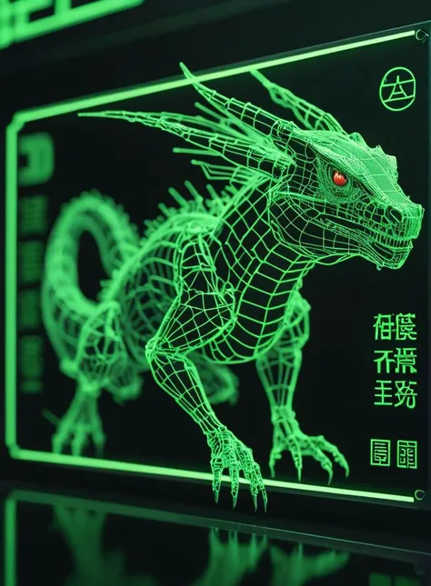 neojapan, billboard, highres, digital (dragon:0.1) hologram<lora:EnvyScifiWireframeXL01:1.0> 3d wireframe, green on black <lora:eye_catching:0.45>  <lora:Contained_Color_SDXL:0.05>  bloodshot, (shallow depth of field:0.6), highly detailed, high budget, (bokeh:0.6),  film grain, grainy , <lora:RMSDXL_Darkness_Cinema:0.8>  <lora:MJ52:0.4>