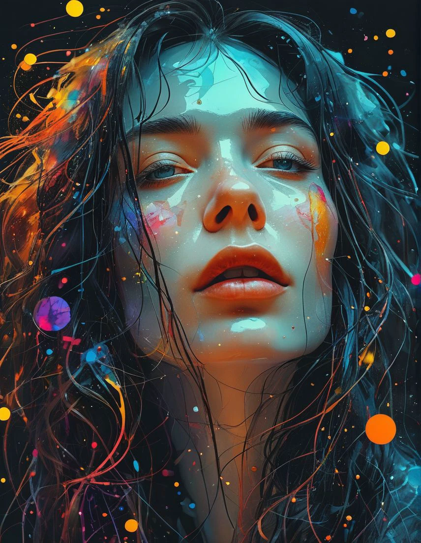 vector art, five color palette, female, background nebulous, entropic, (gravity:1.1), futuristic, portrait, long wet hair, human thoughts, elegant fantasy, intricate, crisp quality, hdr, ultra-detailed, Wet inks line art, dreamy female portrait on black canvas, perfect fractal illustration (style of Vassily Kandinsky), ,
<lora:sd_xl_dpo_lora_v1:0.5> <lora:MJ52:0.7> <lora:eye_catching:0.6>