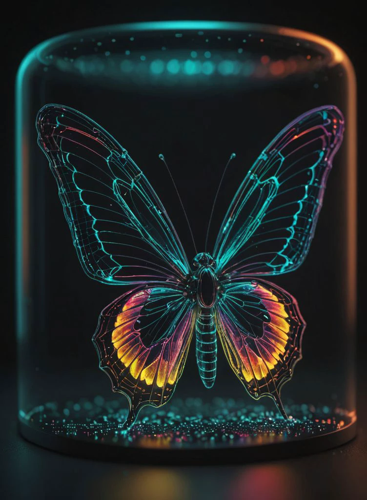 digital butterfly <lora:EnvyScifiWireframeXL01:1.0> 3d wireframe, glowing rainbow on black <lora:eye_catching:0.8> <lora:Contained_Color_SDXL:0.3> , cylinder glass display, (shallow depth of field:0.6), highly detailed, high budget, (bokeh:0.6), film grain, grainy , <lora:RMSDXL_Darkness_Cinema:0.8> <lora:MJ52:0.4>