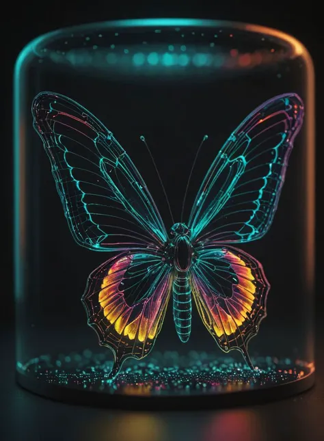 digital butterfly <lora:EnvyScifiWireframeXL01:1.0> 3d wireframe, glowing rainbow on black <lora:eye_catching:0.8>  <lora:Contained_Color_SDXL:0.3> , cylinder glass display, (shallow depth of field:0.6), highly detailed, high budget, (bokeh:0.6),  film grain, grainy , <lora:RMSDXL_Darkness_Cinema:0.8>  <lora:MJ52:0.4>