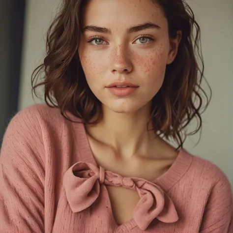 a young woman with a radiant complexion is captured in a moment of tranquility. Her hair, a rich shade of dark brown, frames her face beautifully. Her eyes, full of warmth and life, are accentuated by a subtle touch of makeup that enhances her natural beauty.
She is adorned in a low-cut dark pink sweater, which adds a touch of sexiness to her appearance. The sweater features a unique bow detail at the neckline, adding a playful element to her outfit. The bow, tied neatly, draws attention to her exposed cleavage. Cinematic, freckles, cute smile
. <lora:MJ52:0.4> <lora:eye_catching:0.8>