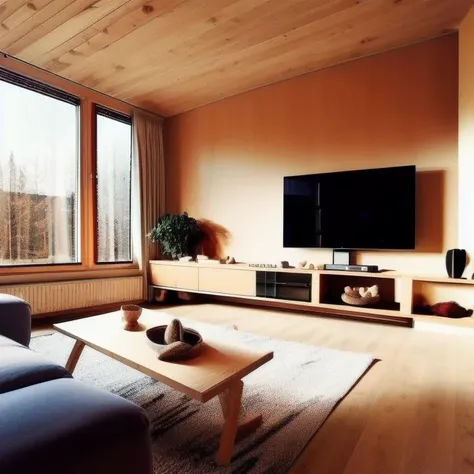 living room in modern flat, Nordic style, furniture made of natural materials, couch, TV, wide, spacious, simple <lora:Nordic_style_living_room:1>