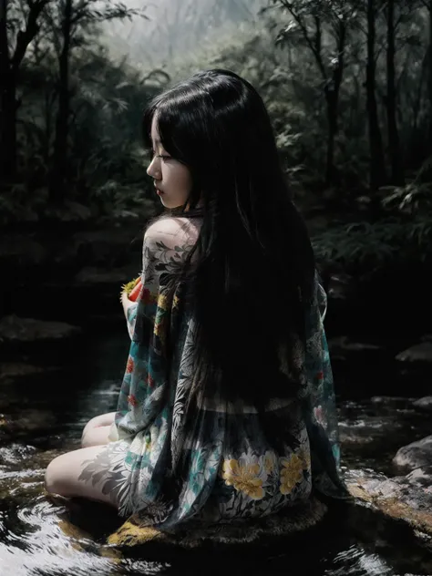 16k, masterpiece, RAW, perfect composition, hyper realistic, hyper-detailed, sharp focus, cinematic lighting, film grain, NVIDIA RTX, Super-Resolution, Unreal 5, Anisotropic Filtering, Multi-layered textures, Surface shading, Octane Render, Wide aperture, zydink, ink sketch
if a stunning Chinese ink painting of a beautiful Vietnamese woman in traditional clothing sitting next to a stream, she is daydreaming, she looks lost in thought and her gaze is looking at nothing specific, the stream is has flowing water and is on the edge of the woods