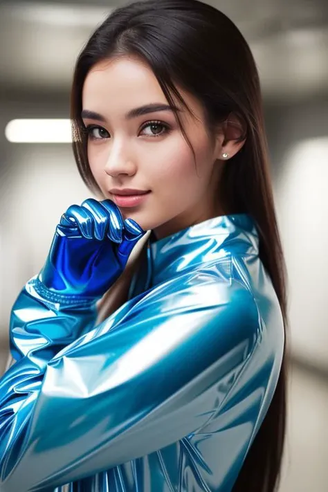young woman wearing (shiny plastic dress:1) with (gleaming oily gloves:1), rim lighting,