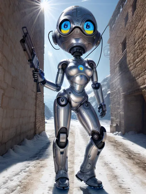 RAW photo of Medium close-up , the image depicts a large, metallic robot with glowing blue eyes standing in front of a large, industrial-looking building with smokestacks, The robot is wearing a pair of goggles on its head and has a large, metallic arm extended in front of it holding With a Blowgun hanging around the shoulder, a climber ascending the icy slopes of the Aletsch Glacier in Switzerland ,nooon sunshine,(((light play))), (((shadow play))), ((glamour photography))<lora:PostApocalyptic_Chernobyl_v3:1.0>