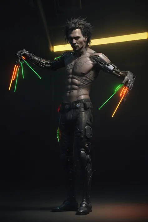 16k, masterpiece, RAW, remarkable color, perfect composition, hyper realistic, hyper-detailed, sharp focus, soft rim lighting, Super Detailed, realistic, steampunk, Refined, 135mm IMAX, shallow depth of field, professional, cinematic lighting, film grain, HDR (High Dynamic Range),Ray Tracing, NVIDIA RTX, Super-Resolution, Unreal 5,Subsurface scattering, PBR Texturing, Post-processing, Anisotropic Filtering, Depth-of-field, Maximum clarity and sharpness, Multi-layered textures, Albedo and Specular maps, Surface shading, Accurate simulation of light-material interaction, Perfect proportions, Octane Render, Wide aperture, Low ISO, White balance, Efficient Sub-Pixel, sub-pixel convolution,((cyberpunk)) (neon lighting), a ((Cyberpunk:1.3 version of a ((Edward scissorhands portrayed by a (young Johnny Depp:1.2))) with hands made of scissors
