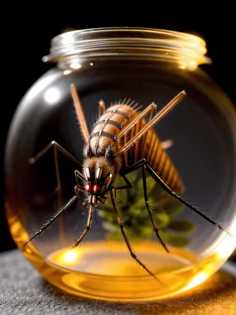 Alien-themed artwork portrait of a unique breathtaking and beautiful (mosquito:1.33), looking at viewer, face close-up, (light play:1.33), (shadow play:1.33), (glamour photography:1.21), highly detailed, hyperdetailed, soft light, sharp, Glowing flower field inside large Apothecary Jar, Bokeh, Grim, Golden Hour Light, intricate, elegant, intriguing, magic, colourful, magical, mysterious, cutecore, Extraterrestrial, cosmic, otherworldly, mysterious, sci-fi, highly detailed <lora:depth_of_field_slider_v1:1.0>