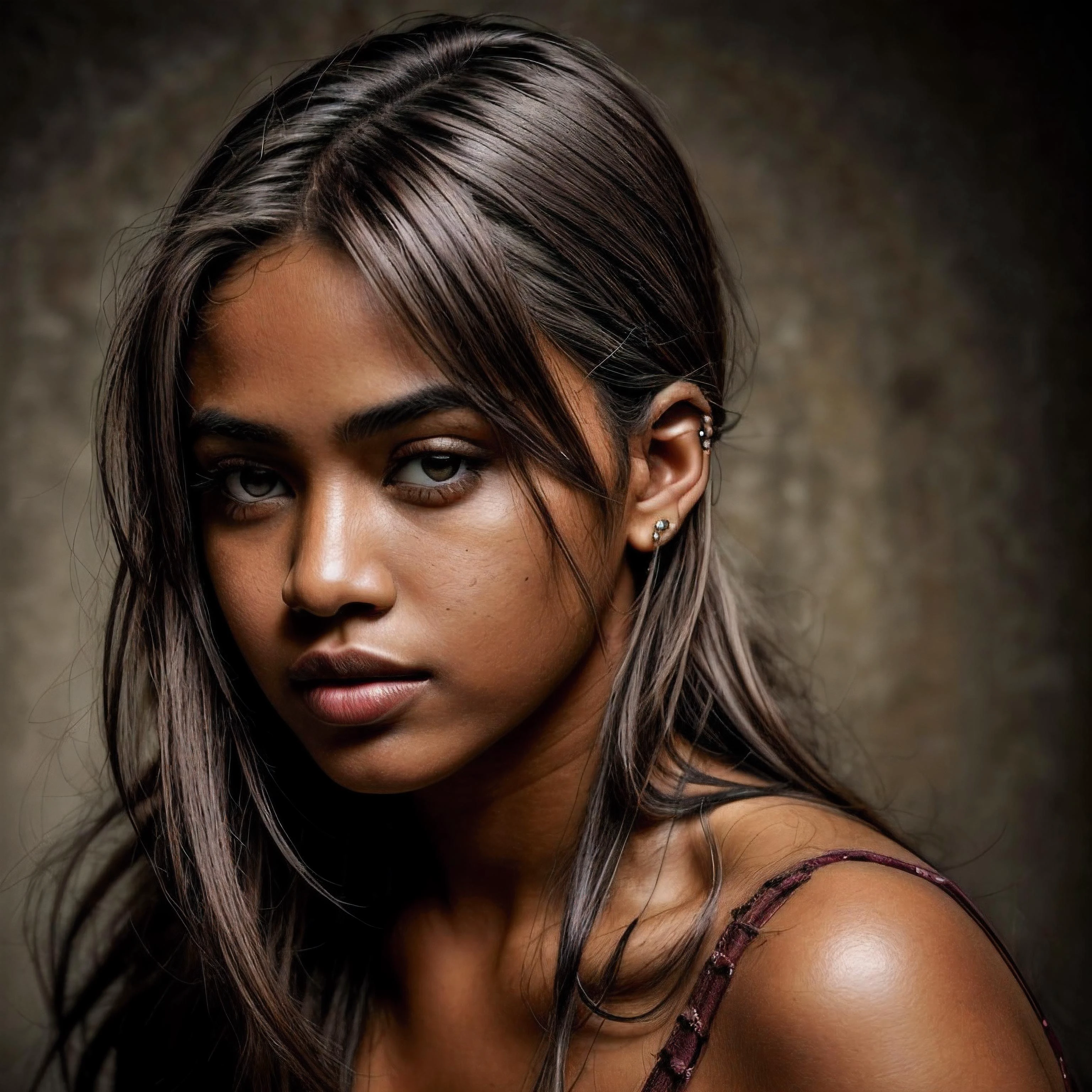 RAW photo of a (((comoros,skin color dark brown))) girl, (Establishing shot) (full body shot), (face: Pear-Shaped Face, Recessed Eyes, [eye color amber], Nose with an Angular Shape, protruding lower lip, lower cheekbones, crooked chin), random hairstyle + random hair color,masterpiece, absurdres, intricate, highly detailed, high quality photography, 3 point lighting, flash with softbox, 16k, Leica M6, Ektachrome 64, smooth, sharp focus, high resolution, award winning photo, 50mm, f2.8, depth of field , Textured, distressed, vintage, edgy, punk rock vibe, dirty, noisy<lora:add_detail:1.0>