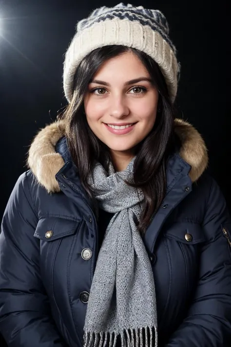 Studio photography photo of a  woman, 30 years old, smiling, dark hair, wearing a parka jacket, wearing a scarf, wearing a beanie, wearing jeans, bundled up, no skin showing, masterpiece, studio lighting, best quality, (detailed face, detail skin texture, ultra-detailed body)  <lora:Colleen:0.85>