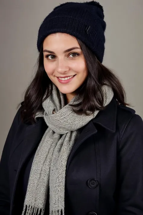 Studio photography photo of a  woman, 30 years old, smiling, dark hair, wearing a large trenchcoat, wearing a scarf, wearing a beanie, wearing jeans, bundled up, no skin showing, masterpiece, studio lighting, best quality, (detailed face, detail skin texture, ultra-detailed body)  <lora:Colleen:0.85>