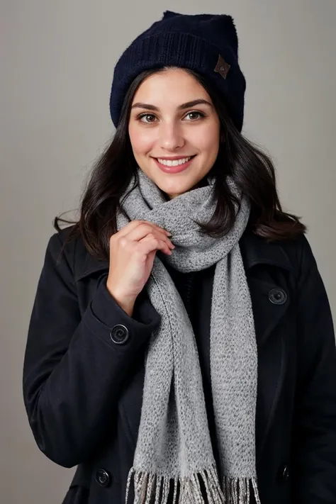 Studio photography photo of a woman, 30 years old, smiling, dark hair, wearing a large trenchcoat, wearing a scarf, wearing a beanie, wearing jeans, bundled up, no skin showing, masterpiece, studio lighting, best quality, (detailed face, detail skin texture, ultra-detailed body) <lora:Colleen:0.85>