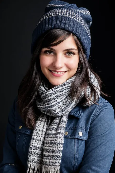 Studio photography photo of a  woman, 30 years old, smiling, dark hair, wearing a parka jacket, wearing a scarf, wearing a beanie, wearing jeans, bundled up, no skin showing, masterpiece, studio lighting, best quality, (detailed face, detail skin texture, ultra-detailed body)  <lora:Colleen:0.85>