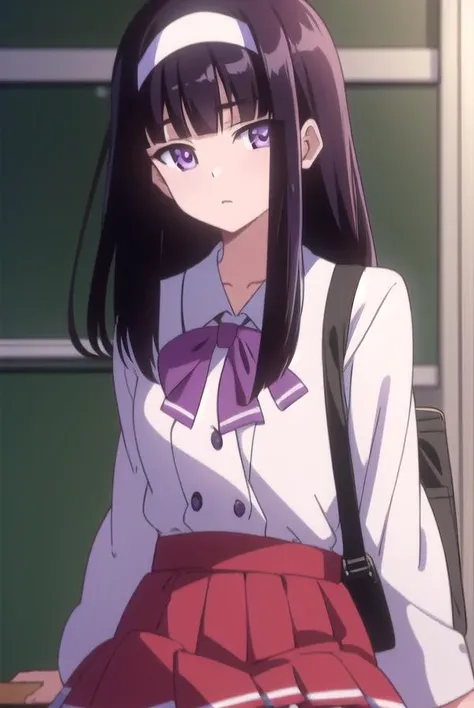 midoribyakudan, <lyco:midoribyakudan-lyco-nochekaiser:1>,
midori byakudan, long hair, black hair, (purple eyes:1.1),
BREAK skirt, bow, school uniform, hairband, bag, red skirt,
BREAK looking at viewer,
BREAK indoors, classroom,
BREAK <lyco:GoodHands-beta2:1>, (masterpiece:1.2), best quality, high resolution, unity 8k wallpaper, (illustration:0.8), (beautiful detailed eyes:1.6), extremely detailed face, perfect lighting, extremely detailed CG, (perfect hands, perfect anatomy),