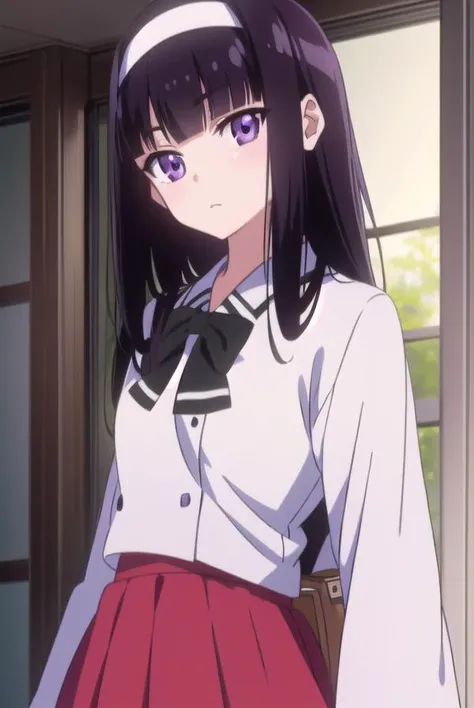 midoribyakudan, <lyco:midoribyakudan-lyco-nochekaiser:1>, 
midori byakudan, long hair, black hair, (purple eyes:1.1),
BREAK skirt, bow, school uniform, hairband, bag, red skirt,
BREAK looking at viewer,
BREAK indoors, classroom,
BREAK <lyco:GoodHands-beta2:1>, (masterpiece:1.2), best quality, high resolution, unity 8k wallpaper, (illustration:0.8), (beautiful detailed eyes:1.6), extremely detailed face, perfect lighting, extremely detailed CG, (perfect hands, perfect anatomy),
