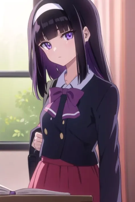 midoribyakudan, <lyco:midoribyakudan-lyco-nochekaiser:1>,
midori byakudan, long hair, black hair, (purple eyes:1.1),
BREAK skirt, bow, school uniform, hairband, bag, red skirt,
BREAK looking at viewer,
BREAK indoors, classroom,
BREAK <lyco:GoodHands-beta2:1>, (masterpiece:1.2), best quality, high resolution, unity 8k wallpaper, (illustration:0.8), (beautiful detailed eyes:1.6), extremely detailed face, perfect lighting, extremely detailed CG, (perfect hands, perfect anatomy),