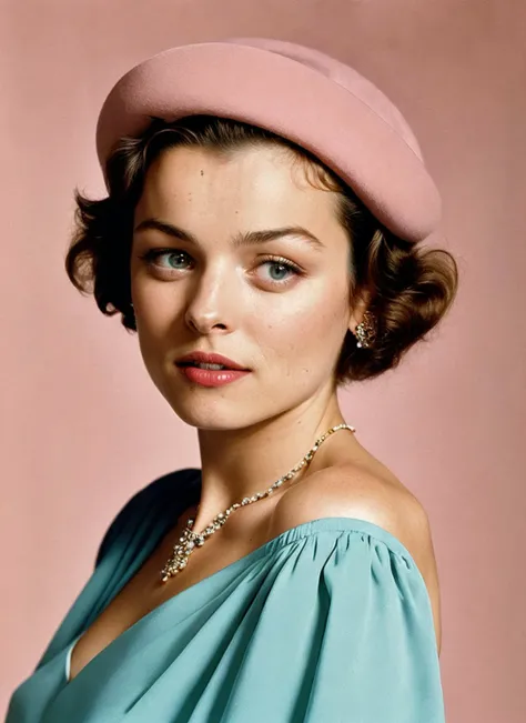 Chic portrait of sks woman in the 1950s, Mid-Century Modern style, pastel and saturated colors, soft curls paired with bold hats, by Richard Avedon, using balanced studio lighting to create a clean, optimistic aesthetic, by Dominique Issermann, <lora:locon_emmacorrin_v2_from_v1_64_32:0.7> <lora:lora-small-emma-corrin-v2:0.65>