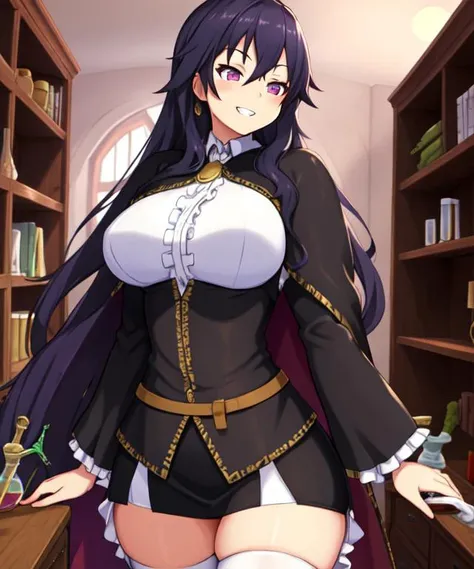 Dronya,grin,purple eyes,long hair,solo,upper body, cowboy shot, 
DroDres,jewelry,cape,long sleeves,center frills,shirt,white shirt,underbust,dress thighhighs,
laboratory,potions,bookshelf's, night, 
(insanely detailed, masterpiece, best quality), <lora:Dronya:0.7>