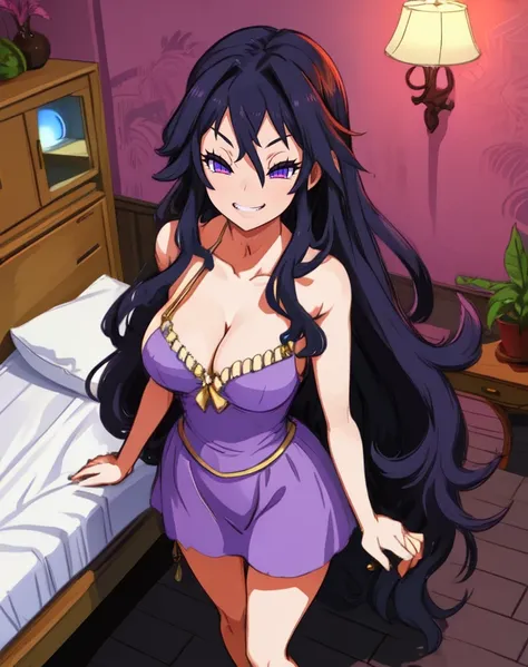 Dronya,grin,purple eyes,
pink dress, 
standing,  from above, cleavage, 
 solo,
night, indoors,  bed, fantasy, 
(insanely detailed, masterpiece, best quality), <lora:Dronya-10v6:0.8>