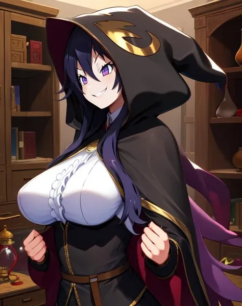 (NSFW 9.0) Girl, goth, Hex Maniac, Hex Maniac from pokémon, long purple hair, purple eyes, hypnotic eyes, glowing eyes, looking at viewer, sinister smile, purple dress, long, pale skin, huge ass, no underwear, night time, forest, huge breasts, areola, nipples, paizuri, tongue out, teeth, messy hair, close up