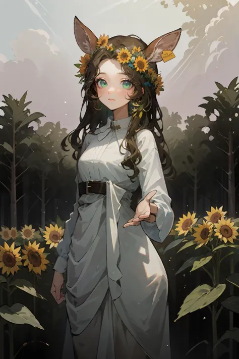 best quality,masterpiece,ultra high res,(colorful),beautiful eyes,cinematic lighting,extremely detailed CG unity 8k wallpaper,jessica,deer ears,belt dress,head wreath,light green eyes,(relieved expression, reassured, comforted, soothed:1.2),(reaching:1.2),(dancing, sunflower field, sunlight, (joy:1.2), summer, warm breeze, (freedom:1.1), nature, vibrant colors, happiness:1.2),1girl,solo,<lora:jessica_v1.3.2-000020:0.6:MIDD>