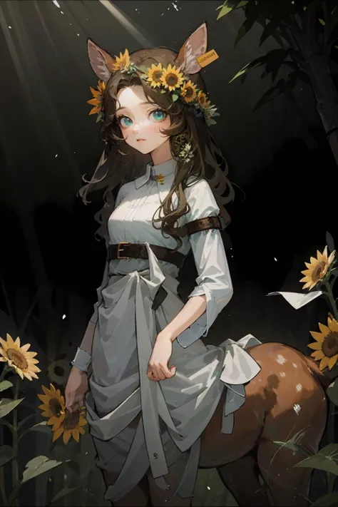 best quality,masterpiece,ultra high res,(colorful),beautiful eyes,cinematic lighting,extremely detailed CG unity 8k wallpaper,jessica,deer ears,belt dress,head wreath,light green eyes,(relieved expression, reassured, comforted, soothed:1.2),(reaching:1.2),(dancing, sunflower field, sunlight, (joy:1.2), summer, warm breeze, (freedom:1.1), nature, vibrant colors, happiness:1.2),1girl,solo,<lora:jessica_v1.3.2-000020:0.6:MIDD>