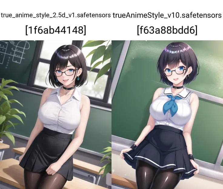 1girl, :d, arm_support, bangs, bare_arms, bare_shoulders, black_choker, black_hair, black_legwear, blue_eyes, blush, breasts, chalkboard, choker, classroom, cowboy_shot, cup, day, desk, earrings, eyebrows_visible_through_hair, glasses, glint, indoors, jewelry, large_breasts, latex, light_particles, looking_at_viewer, open_mouth, pantyhose, plant, potted_plant, school_desk, shiny, shiny_clothes, shiny_skin, shirt, short_hair, skin_tight, skirt, sleeveless, smile, snowing, solo, table, thighs, white_shirt, window