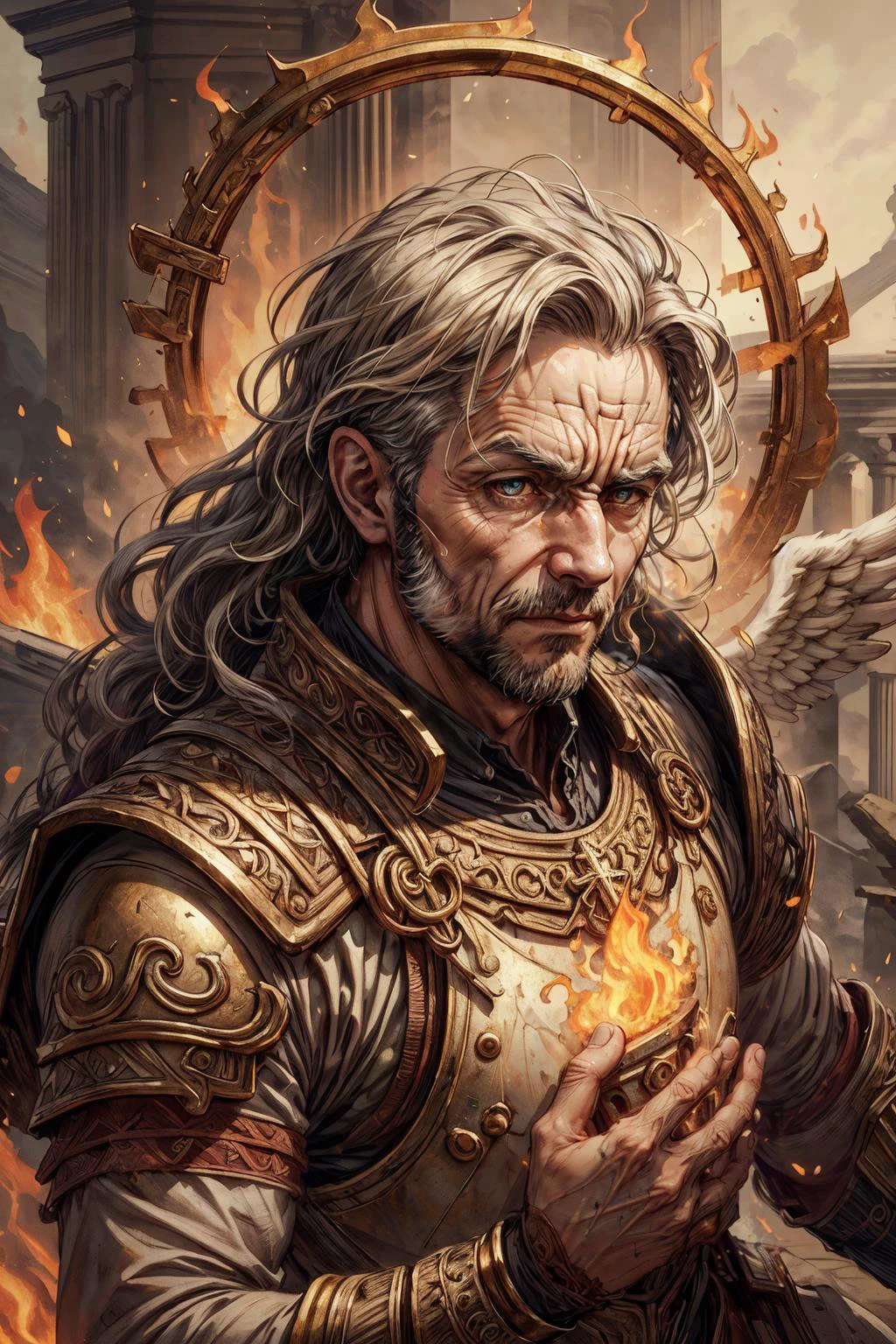 (best quality, masterpiece:1.2), photorealistic, thick outlines, strong shadows, <lora:add_detail:0.75>,
(1man, wrinkled face, old welsh male:1.2), hazel eyes, gray hair, sideburns,
portrait, looking at viewer, solo, (full body:0.6), detailed background, close up, shining (<lora:GrecoRomaPunkAI:0.6>, grecopunkai theme:1.1), divine angel of war, stoic expression, simple iron circlet, fiery eyes, flames in background, <lora:Fire_VFX:0.2> armor, majestic divine atmosphere, bright light, holy aura, bloom, divine light, white clothes, blessing, ray of light,