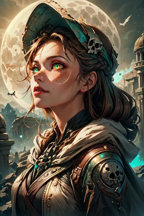 (masterpiece, best quality), <lora:add_detail_v5:1>, <lora:stylesqueeze_v1b:0.5>,
1 girl, adult (elven:0.7) woman, freckles, hazel eyes, medium brown braided hairstyle,
portrait, solo, half shot, looking up, detailed background, detailed face, (<lora:GrecoRomaPunkAI:0.6>, grecopunkai theme:1.1) acid-wizard, hooded witch clothes, glowing eyes, vivid green color scheme, green eyes, purple venom, glowing corrosive markings on body, skull and bones symbol, floating particles, full moon in background, backlighting, fantasy atmosphere,