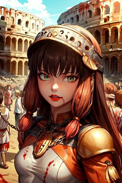 masterpiece, best quality, highres, realistic, 3d, solo, lilavolpina, green eyes, fringe, long hair, black hair, orange hair, multicolored hair, bangs, no mask, lipstick, small breasts, <lora:Lila_Rosi:0.8>, portrait, solo, (full body:0.6), looking at viewer, detailed background, detailed face, (<lora:GrecoRomaPunkAI:0.6>, grecopunkai theme:1.1), gladiator, triumphant, movement, determined, chains, gray gladiator armor, helmet, colosseum in background, (crowd cheering in background:0.7), dust, blood, intense gladiatorial atmosphere,, <lora:add_detail:0.5>
