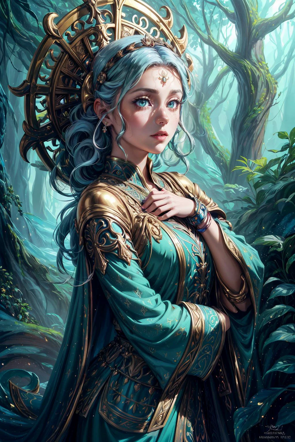(Psychedelic style, Vibrant colors, swirling patterns, abstract forms, surreal, trippy,:1.1), soft lighting, (dramatic angle:1.25), fantastic colorful, (masterpiece:1.2), ultra-detailed, (best quality), illustration, (Depth of field), <lora:tangbohu-detailer_1.0:1>, <lora:sharpen-soften:-0.5>, <lora:realistic:0.1>, <lora:kittew_v0.1:0.4>,
1 girl, adult (elven:0.7) woman, yellow eyes, white braided hairstyle,
portrait, looking at viewer, solo, half shot, detailed background, close up, shining (<lora:GrecoRomaPunkAI:0.6>, romapunkai theme:1.1), divine deity of nature, forest, (style-sylvamagic:1.0), green background, abundant greenery, wildlife, small creek, leaf themed clothes, dark green robe, majestic divine atmosphere, bright light, holy aura, bloom, divine light, white clothes, silver embroidery,filigree, relaxed composure, ray of light,