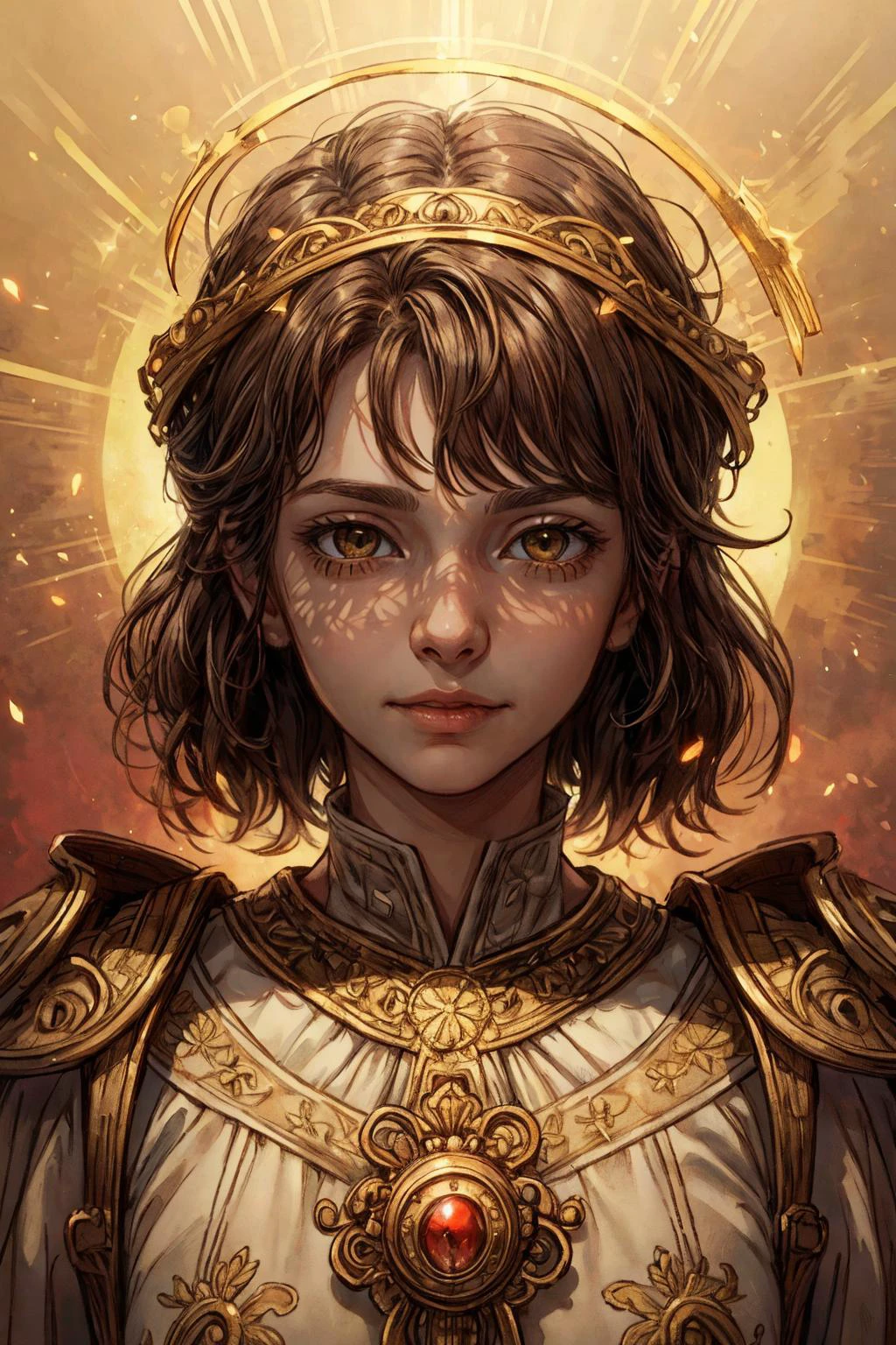 (best quality, masterpiece:1.2), 8k detailed cgi render, thick outlines, strong shadows, <lora:add_detail:0.75>,
(1man, wrinkled face, old male:1.2), wise, hazel eyes, dark brown hair, clean-shaven,
portrait, looking at viewer, solo, half shot, detailed background, close up, shining (<lora:GrecoRomaPunkAI:0.6>, grecopunkai theme:1.1), divine deity of love, soft smile, bright eyes, (small floating rose petals:0.8), red light, red ethereal background, majestic divine atmosphere, bright light, holy aura, bloom, halo above head, divine light, white clothes, golden embroidery,filigree, relaxed composure, ray of light,
__stlyle-lora__
