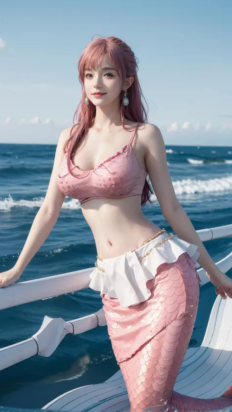 best quality,masterpiece,8k wallpaper,absurdres, highres, ultra detailed, (1 young beautiful girl, solo:1.1),long hair, pink hair, breasts, monster girl, blue eyes, earrings, jewelry, large breasts, midriff, navel,smile,scales, cleavage, skirt, lamia, hair rings, hair ornament, mermaid,ocean, star_\(sky\), water,waves,   <lora:ç½æï¼ããã»ã_NOFACE:1>
BREAK