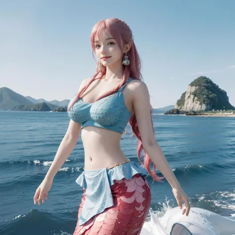 best quality,masterpiece,8k wallpaper,absurdres, highres, ultra detailed, (1 young beautiful girl, solo:1.1),long hair, pink hair, breasts, monster girl, blue eyes, earrings, jewelry, large breasts, midriff, navel,smile,scales, cleavage, skirt, lamia, hair rings, hair ornament, mermaid,ocean, star_\(sky\), water,waves, <lora:ç½æï¼ããã»ã_NOFACE:1>
BREAK