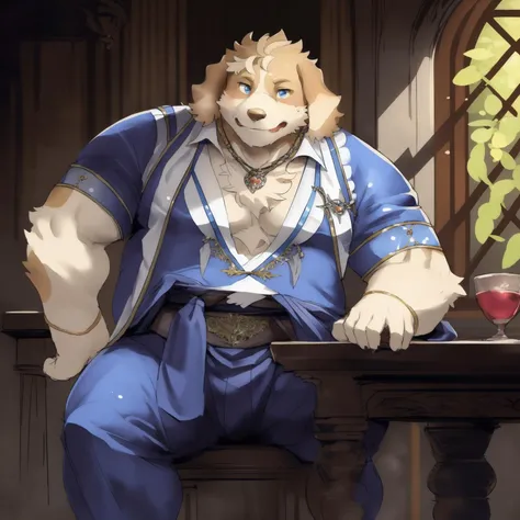 solo, fantasy RPG indoordoor (restaurant), ((full body)), (sweaty:1.2), detailed fantasy RPG in background, highly detailed, anime style, sharp shadows, shaded, digital flat colors, soft lighting, (masterpiece:1.3),(best quality:1.4), (extreme detailed illustration), good anatomy, (by lindong, null-ghost), (detailed RPG CG), (thick thighs:1.2), fully clothed, (detailed straight face:1.2), (wearing formal attire:1.5) full body, sitting at table, (anthro dog:1), <lora:Hisakiv211.safetensors:1>,vibrant, ((full body)).