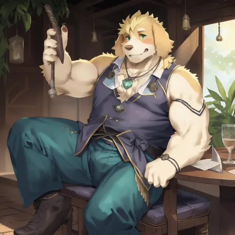 1boy, floppy ears, dark green eyes, yellow fur, blonde hair, necklace, anthro dog, solo, fantasy RPG indoor(restaurant), ((full body)), (sweaty:1.2), detailed fantasy RPG in background, highly detailed, anime style, sharp shadows, shaded, digital flat colors, soft lighting, (masterpiece:1.3),(best quality:1.4), (extreme detailed illustration), good anatomy, (by lindong, null-ghost), (detailed RPG CG), (thick thighs:1.2), fully clothed, (detailed straight face:1.2), (wearing formal attire:1.5) full body, sitting at table,<lora:hisaki133.safetensors:1>, detailed eyes, vibrant, ((full body)).