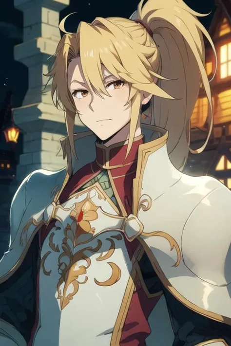 masterpiece, best quality, illustration, 1boy, solo, male focus, looking at viewer, upper body, depth of field, <lora:motoyasu_kitamura:0.70>, motoyasu_kitamura, blonde hair, ponytail, long hair, brown eyes, , The Castle of Shadows, 4k resolution
