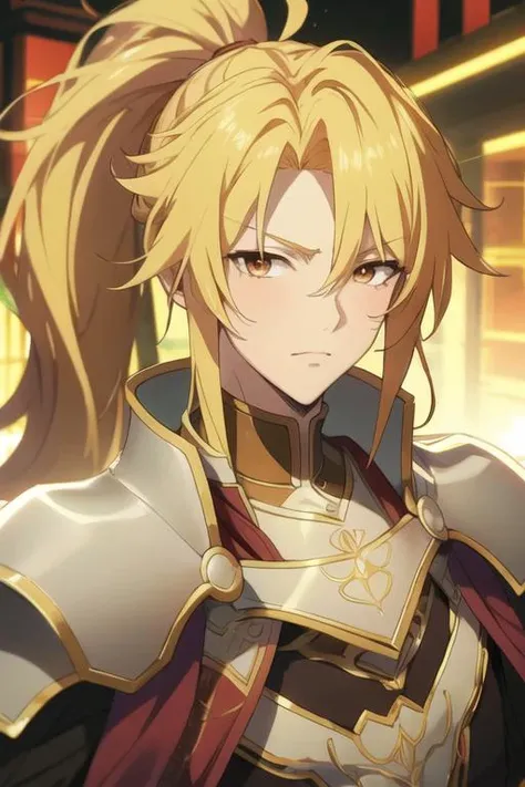 masterpiece, best quality, wallpaper, 1boy, solo, male focus, looking at viewer, upper body, , <lora:motoyasu_kitamura:0.66>, motoyasu_kitamura, blonde hair, ponytail, long hair, brown eyes, , soft science fiction,