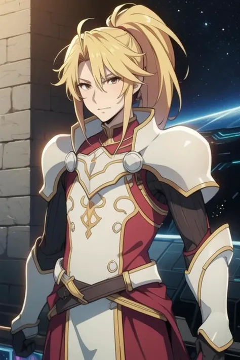 masterpiece, best quality, game cg, 1boy, solo, male focus, looking at viewer, , , <lora:motoyasu_kitamura:0.70>, motoyasu_kitamura, blonde hair, ponytail, long hair, brown eyes, galactic warrior costume, science fiction speculative fiction, High definition