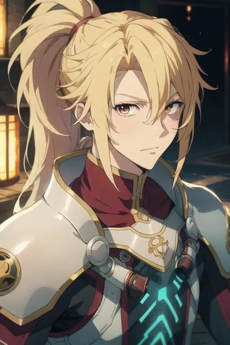 masterpiece, best quality, wallpaper, 1boy, solo, male focus, looking at viewer, upper body, depth of field, <lora:motoyasu_kitamura:0.66>, motoyasu_kitamura, blonde hair, ponytail, long hair, brown eyes, convict costume, biopunk, 8k resolution