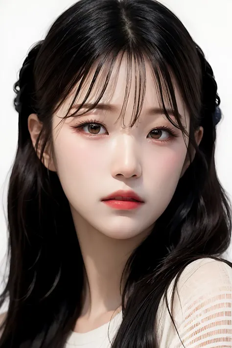 1girl, solo, portrait, black hair, looking at viewer, realistic, simple background, white background, long hair, lips, black eyes, closed mouth, bangs, close-up, masterpiece, (photorealistic:1.3), forest, light from front