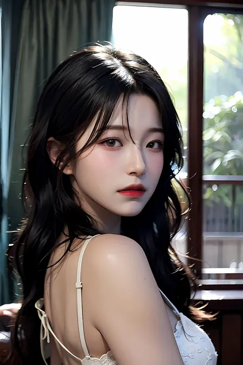 1girl, solo, realistic, black hair, portrait, looking at viewer, black eyes, lips, closed mouth, hair between eyes, masterpiece,  (photorealistic:1.3), window, sunlight, from side