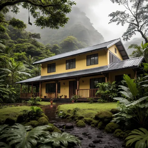 A small off the grid house in a lush, green rainforest of costa rica with heavy rain pouring hard on the roof, emphasizing the contrast between the natural surroundings and the rainwater running off the roof, Nature Photography, captured with a macro lens (Nikon AF-S VR Micro-Nikkor 105mm f/2.8G IF-ED) at an aperture of f/5.6