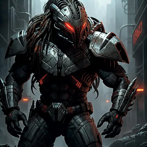 predator, Intriguing complex multiple characters in a [machinecore]  scene still, raw cinematic realism, insane details, crisp, tack sharp focus, intricate, dark art, perfect face. digital illustration by dan mumford, The composition is very detailed, 8K, perfect composition.