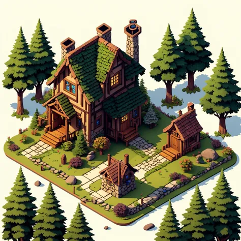 isometric illustration of a fantasy-looking cottage in a forest