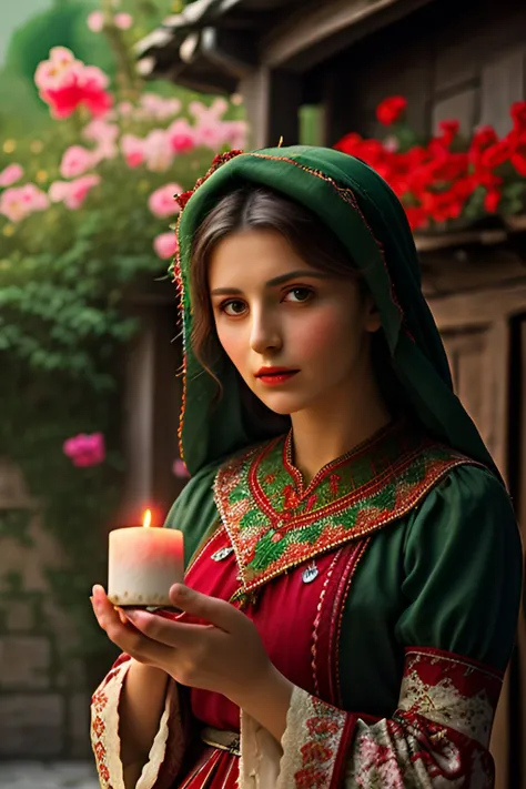 turkish woman dressed in traditional turkish village clothes with a candle, in the style of dark green and red, romantic depictions of historical events, fairycore, webcam photography, historical reproductions, traditional techniques reimagined, made of flowers --ar 2:3 --niji 5