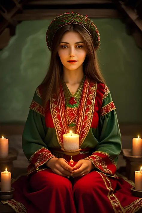 turkish woman dressed in traditional turkish village clothes with a candle, in the style of dark green and red, romantic depictions of historical events,slight smile, fairycore, webcam photography, historical reproductions, traditional techniques reimagined, made of flowers --ar 2:3 --niji 5