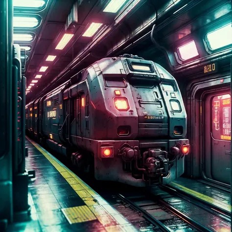 photographic, realistic, realism, cinematic photo, beautiful, (masterpiece:1.2), (best quality:1.2), perfect lighting, pov, Cyberpunk Train, Utilitarian 80s style, greeble texture, foreshortening, depth, colorful, 35mm photograph, film, bokeh, award-winning, professional, highly detailed, 8k, highly detailed